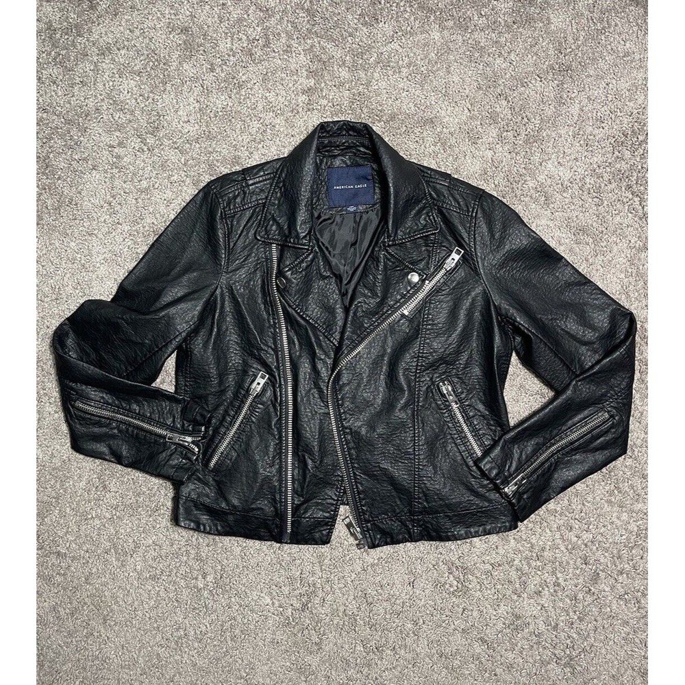 American Eagle Women's Black Faux Leather Full Zip Motorcycle Jacket Size Large
